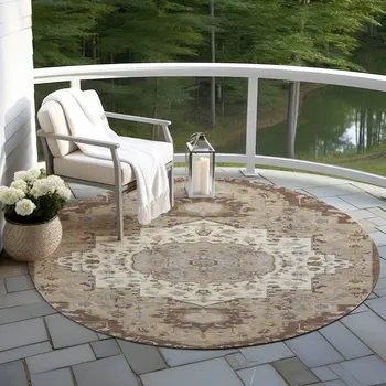 8' Chocolate Beige And Gray Round Oriental Washable Indoor Outdoor Area Rug