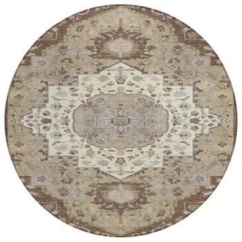8' Chocolate Beige And Gray Round Oriental Washable Indoor Outdoor Area Rug