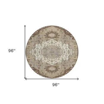 8' Chocolate Beige And Gray Round Oriental Washable Indoor Outdoor Area Rug