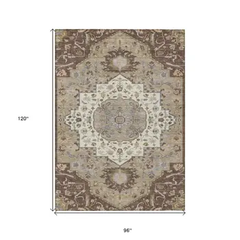 8' X 10' Chocolate Beige And Gray Oriental Washable Indoor Outdoor Area Rug