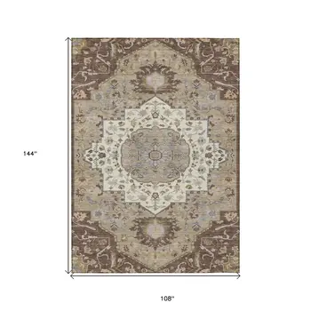 9' X 12' Chocolate Beige And Gray Oriental Washable Indoor Outdoor Area Rug