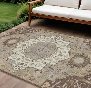9' X 12' Chocolate Beige And Gray Oriental Washable Indoor Outdoor Area Rug