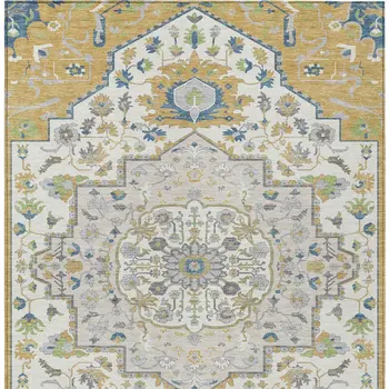 5' X 8' Gold Ivory And Blue Oriental Washable Indoor Outdoor Area Rug
