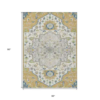 5' X 8' Gold Ivory And Blue Oriental Washable Indoor Outdoor Area Rug