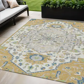5' X 8' Gold Ivory And Blue Oriental Washable Indoor Outdoor Area Rug