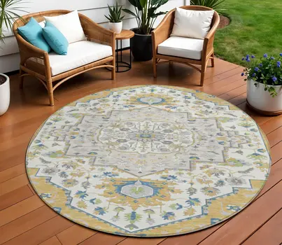 8' Gold Ivory And Blue Round Oriental Washable Indoor Outdoor Area Rug