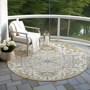 8' Gold Ivory And Blue Round Oriental Washable Indoor Outdoor Area Rug