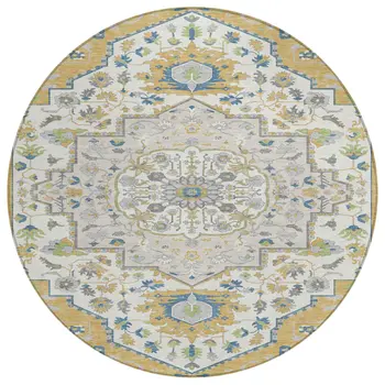 8' Gold Ivory And Blue Round Oriental Washable Indoor Outdoor Area Rug