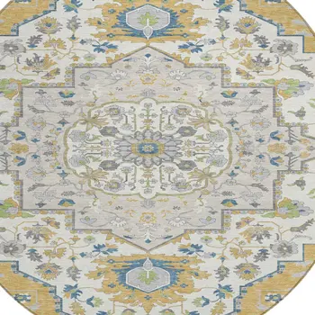 8' Gold Ivory And Blue Round Oriental Washable Indoor Outdoor Area Rug