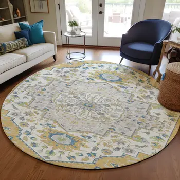 8' Gold Ivory And Blue Round Oriental Washable Indoor Outdoor Area Rug