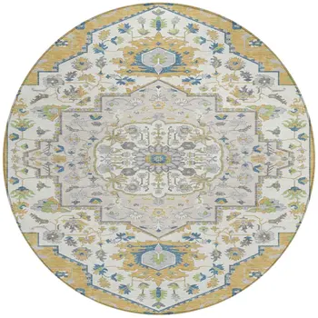8' Gold Ivory And Blue Round Oriental Washable Indoor Outdoor Area Rug