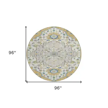 8' Gold Ivory And Blue Round Oriental Washable Indoor Outdoor Area Rug