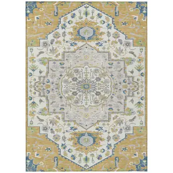9' X 12' Gold Ivory And Blue Oriental Washable Indoor Outdoor Area Rug