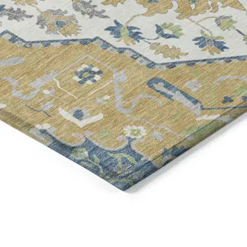 9' X 12' Gold Ivory And Blue Oriental Washable Indoor Outdoor Area Rug