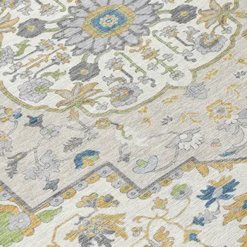9' X 12' Gold Ivory And Blue Oriental Washable Indoor Outdoor Area Rug