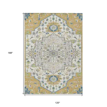 10' X 14' Gold Ivory And Blue Oriental Washable Indoor Outdoor Area Rug