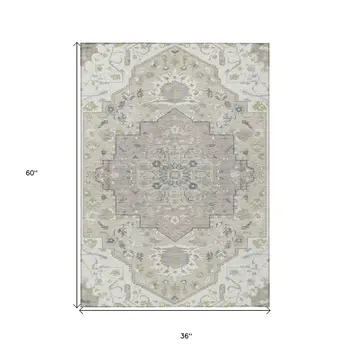 3' X 5' Ivory Beige And Gray Oriental Washable Indoor Outdoor Area Rug