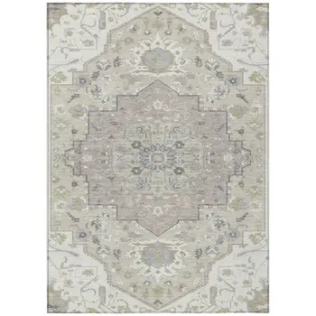 3' X 5' Ivory Beige And Gray Oriental Washable Indoor Outdoor Area Rug