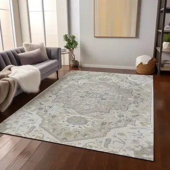 3' X 5' Ivory Beige And Gray Oriental Washable Indoor Outdoor Area Rug