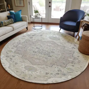 8' Ivory Beige And Gray Round Oriental Washable Indoor Outdoor Area Rug