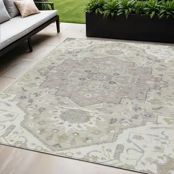 8' X 10' Ivory Beige And Gray Oriental Washable Indoor Outdoor Area Rug