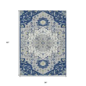 3' X 5' Navy Blue Ivory And Gray Oriental Washable Indoor Outdoor Area Rug