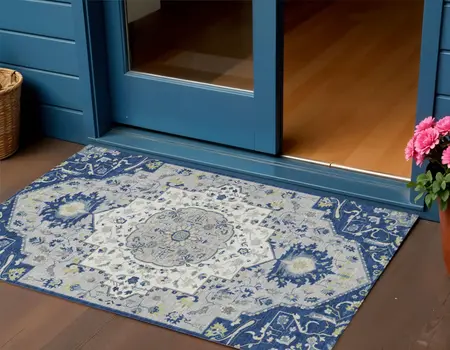 3' X 5' Navy Blue Ivory And Gray Oriental Washable Indoor Outdoor Area Rug