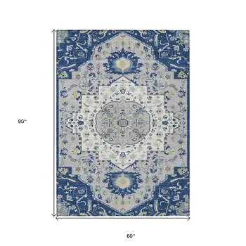5' X 8' Navy Blue Ivory And Gray Oriental Washable Indoor Outdoor Area Rug
