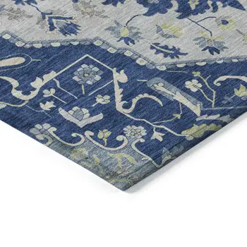 5' X 8' Navy Blue Ivory And Gray Oriental Washable Indoor Outdoor Area Rug