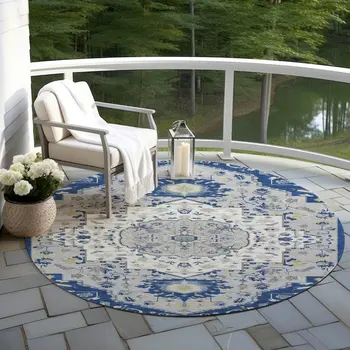 8' Navy Blue Ivory And Gray Round Oriental Washable Indoor Outdoor Area Rug