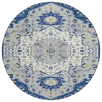 8' Navy Blue Ivory And Gray Round Oriental Washable Indoor Outdoor Area Rug
