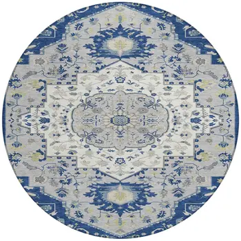 8' Navy Blue Ivory And Gray Round Oriental Washable Indoor Outdoor Area Rug