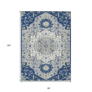 8' X 10' Navy Blue Ivory And Gray Oriental Washable Indoor Outdoor Area Rug