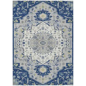 9' X 12' Navy Blue Ivory And Gray Oriental Washable Indoor Outdoor Area Rug