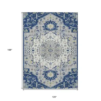 10' X 14' Navy Blue Ivory And Gray Oriental Washable Indoor Outdoor Area Rug