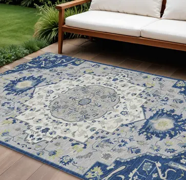 10' X 14' Navy Blue Ivory And Gray Oriental Washable Indoor Outdoor Area Rug