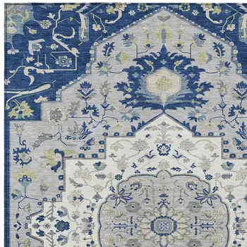 10' X 14' Navy Blue Ivory And Gray Oriental Washable Indoor Outdoor Area Rug