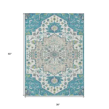 3' X 5' Teal Blue Green And Ivory Oriental Washable Indoor Outdoor Area Rug