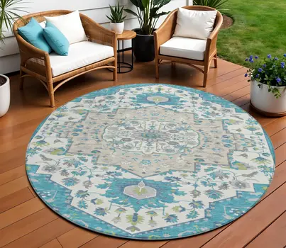 8' Teal Blue Green And Ivory Round Oriental Washable Indoor Outdoor Area Rug