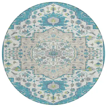 8' Teal Blue Green And Ivory Round Oriental Washable Indoor Outdoor Area Rug