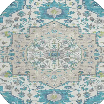 8' Teal Blue Green And Ivory Round Oriental Washable Indoor Outdoor Area Rug