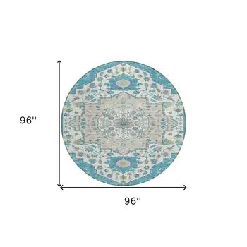 8' Teal Blue Green And Ivory Round Oriental Washable Indoor Outdoor Area Rug
