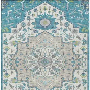 8' X 10' Teal Blue Green And Ivory Oriental Washable Indoor Outdoor Area Rug