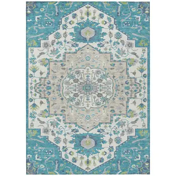 8' X 10' Teal Blue Green And Ivory Oriental Washable Indoor Outdoor Area Rug
