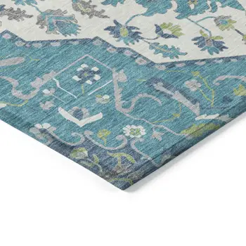8' X 10' Teal Blue Green And Ivory Oriental Washable Indoor Outdoor Area Rug