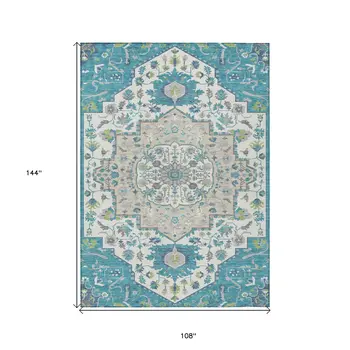 9' X 12' Teal Blue Green And Ivory Oriental Washable Indoor Outdoor Area Rug