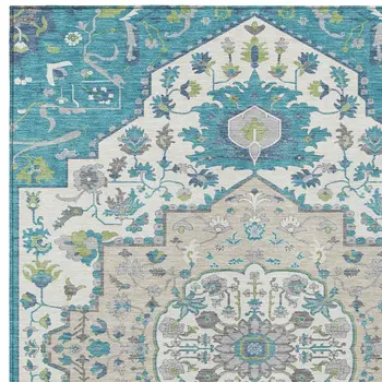 9' X 12' Teal Blue Green And Ivory Oriental Washable Indoor Outdoor Area Rug
