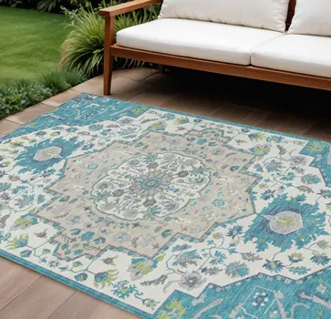 10' X 14' Teal Blue Green And Ivory Oriental Washable Indoor Outdoor Area Rug