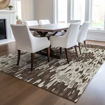 5' X 8' Brown Beige And Gray Striped Washable Indoor Outdoor Area Rug