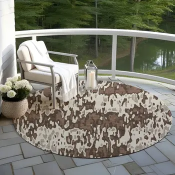 8' Brown Beige And Gray Round Striped Washable Indoor Outdoor Area Rug
